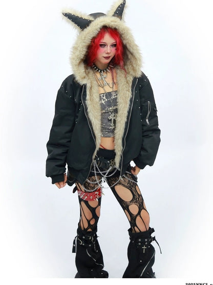 NANAICHILLI Warm Street Loose Fit Hooded Zipper Solid Black Gray Puffer Jacket