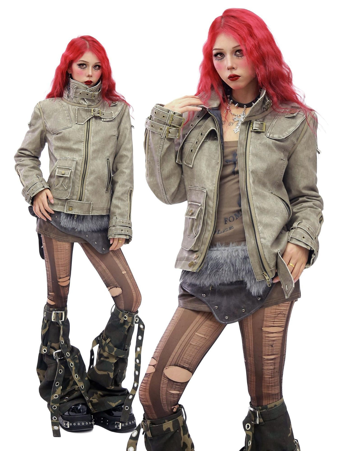 NANAICHILLI Warm Thick Slim Punk Pu Leather Multi Pocket Stand Collar Teen Utility Jacket