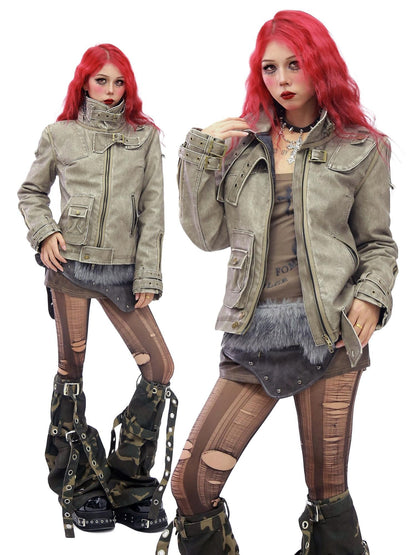 NANAICHILLI Warm Thick Slim Punk Pu Leather Multi Pocket Stand Collar Teen Utility Jacket