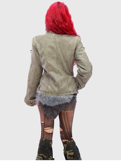 NANAICHILLI Warm Thick Slim Punk Pu Leather Multi Pocket Stand Collar Teen Utility Jacket