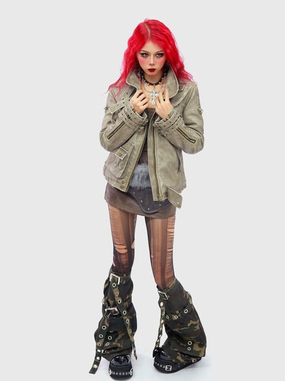 NANAICHILLI Warm Thick Slim Punk Pu Leather Multi Pocket Stand Collar Teen Utility Jacket