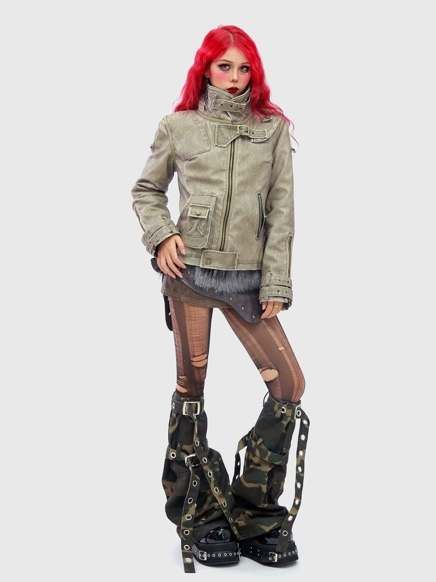 NANAICHILLI Warm Thick Slim Punk Pu Leather Multi Pocket Stand Collar Teen Utility Jacket