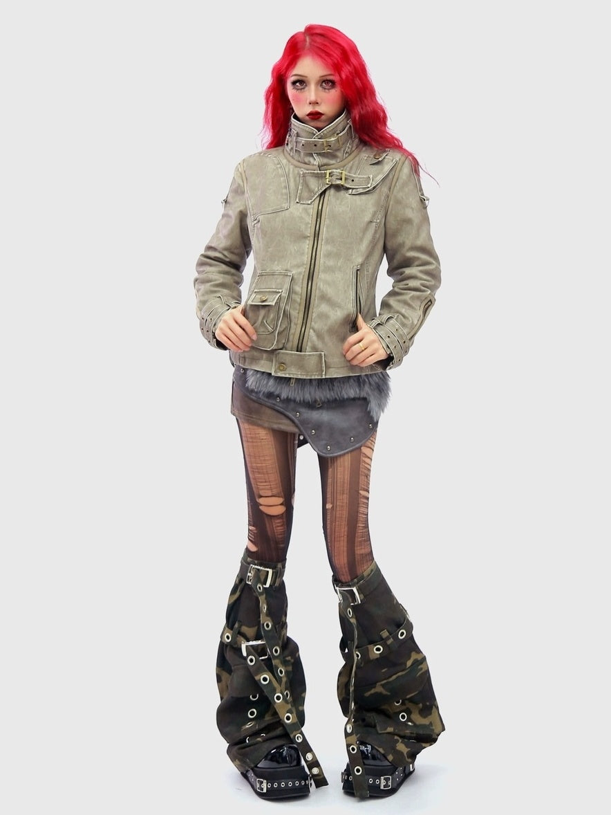 NANAICHILLI Warm Thick Slim Punk Pu Leather Multi Pocket Stand Collar Teen Utility Jacket