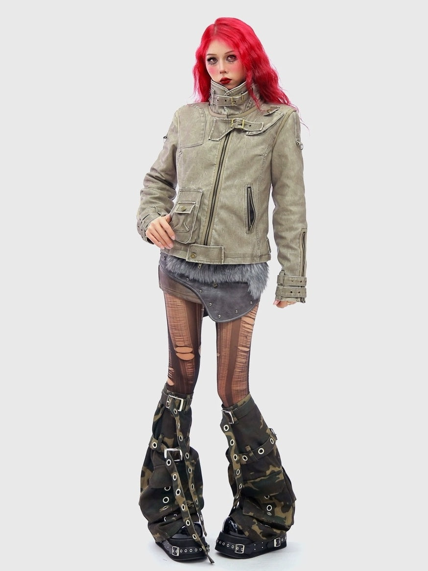 NANAICHILLI Warm Thick Slim Punk Pu Leather Multi Pocket Stand Collar Teen Utility Jacket