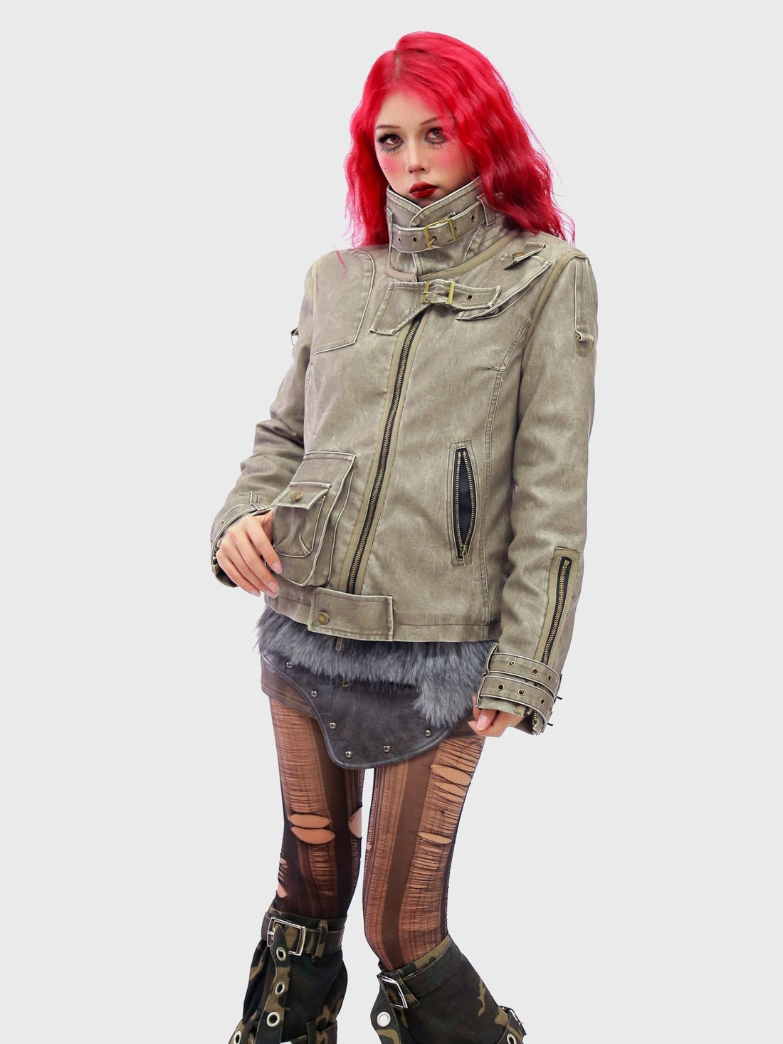 NANAICHILLI Warm Thick Slim Punk Pu Leather Multi Pocket Stand Collar Teen Utility Jacket