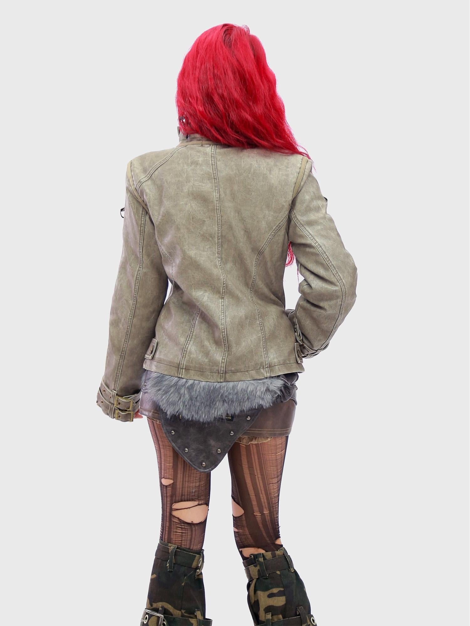 NANAICHILLI Warm Thick Slim Punk Pu Leather Multi Pocket Stand Collar Teen Utility Jacket