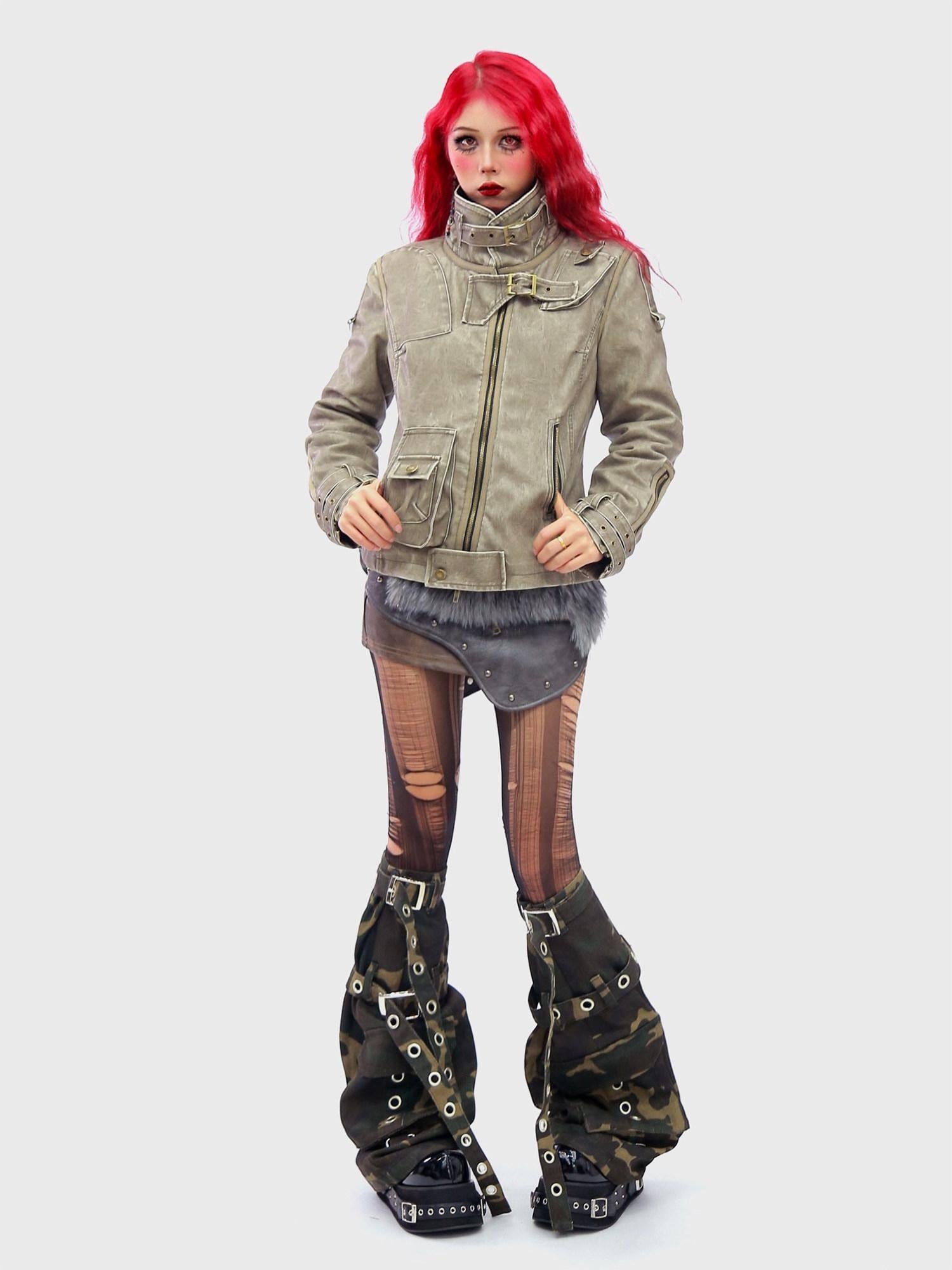 NANAICHILLI Warm Thick Slim Punk Pu Leather Multi Pocket Stand Collar Teen Utility Jacket