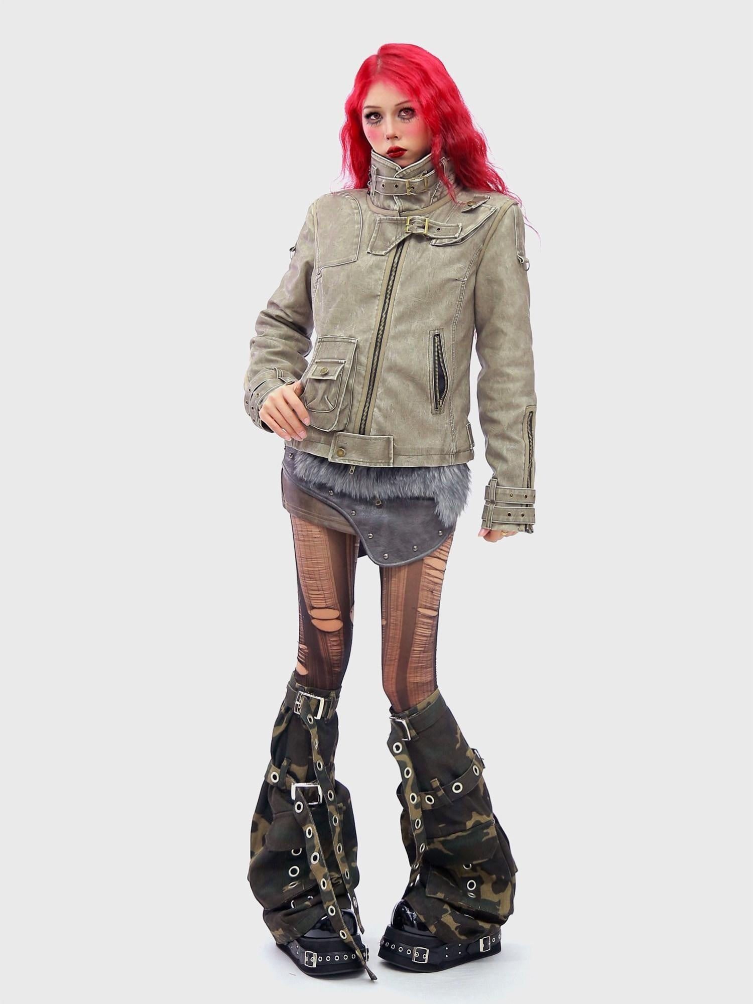 NANAICHILLI Warm Thick Slim Punk Pu Leather Multi Pocket Stand Collar Teen Utility Jacket