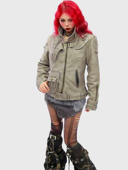 NANAICHILLI Warm Thick Slim Punk Pu Leather Multi Pocket Stand Collar Teen Utility Jacket