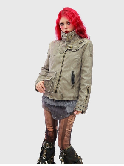 NANAICHILLI Warm Thick Slim Punk Pu Leather Multi Pocket Stand Collar Teen Utility Jacket
