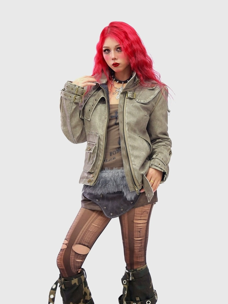 NANAICHILLI Warm Thick Slim Punk Pu Leather Multi Pocket Stand Collar Teen Utility Jacket