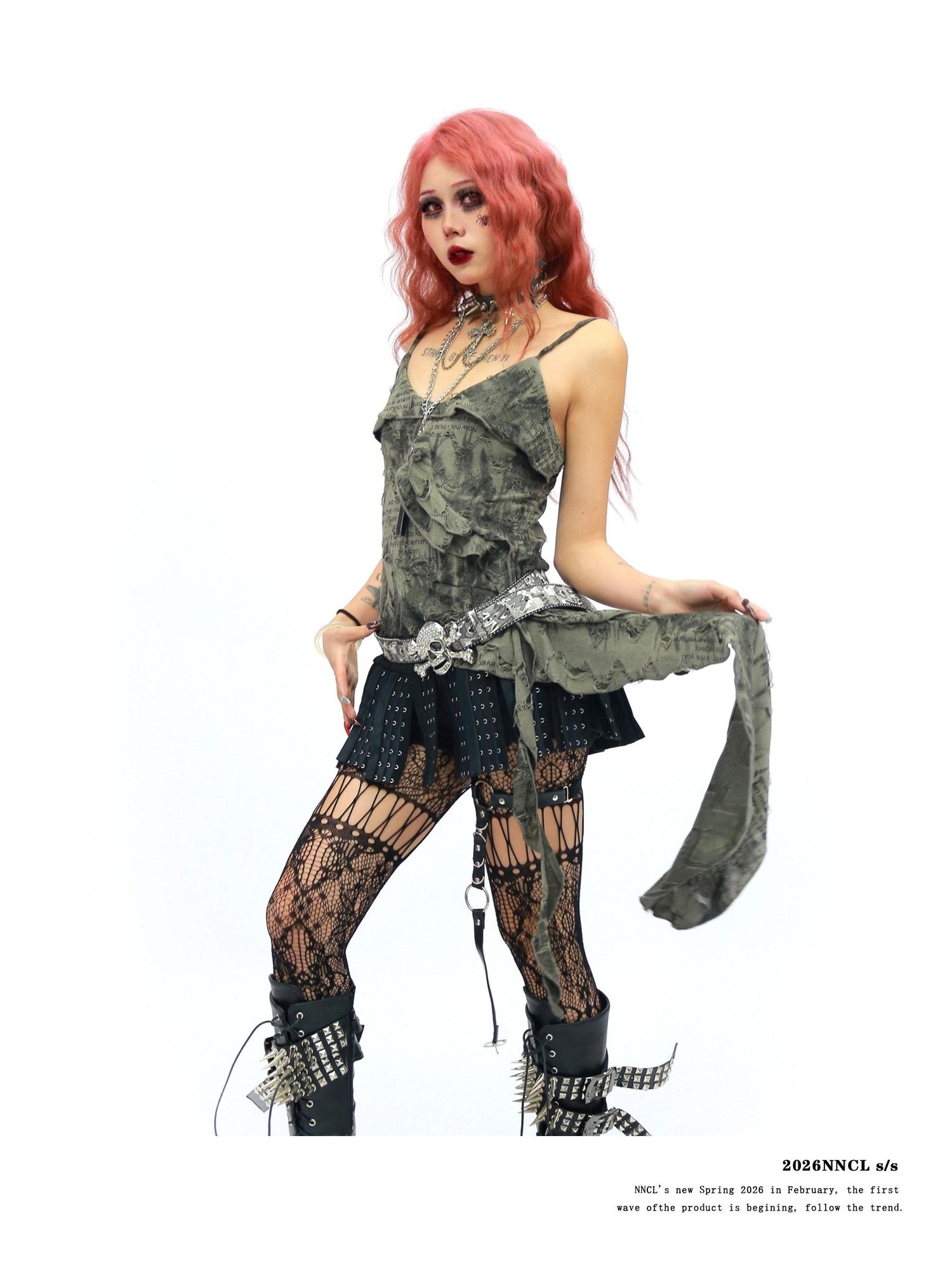 NANAICHILLI Wasteland Thorn Army Green Newspaper Print Asymmetric Ruffle Women&