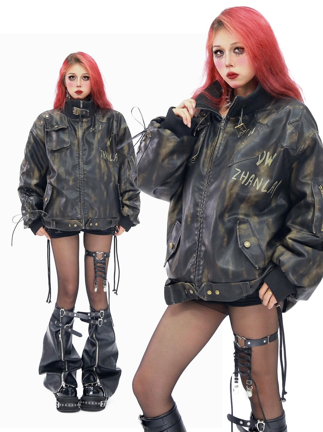 NANAICHILLI Waterwashed Pu Leather Dark Goth Oversized Stand Collar Letter Puffer Jacket