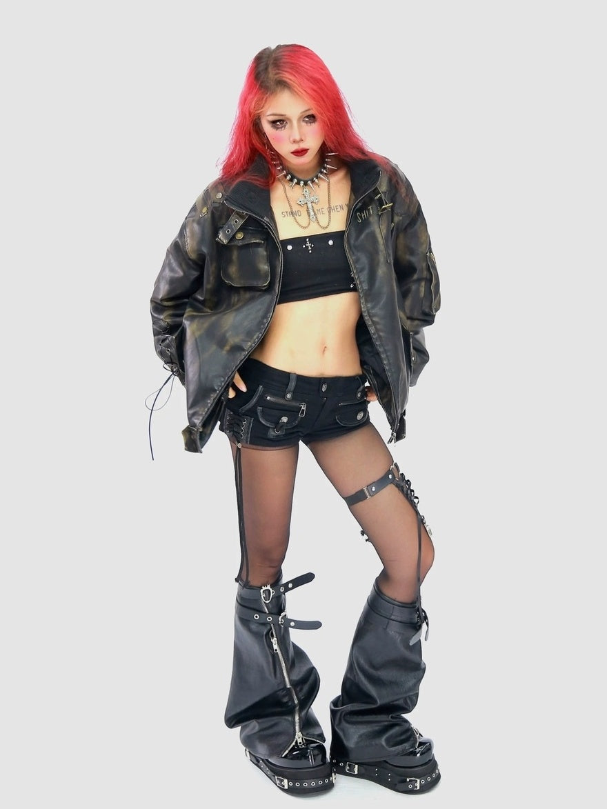 NANAICHILLI Waterwashed Pu Leather Dark Goth Oversized Stand Collar Letter Puffer Jacket