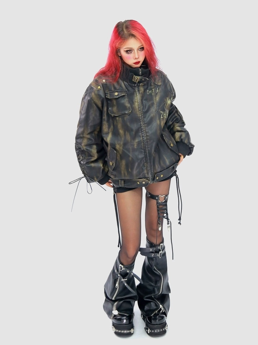 NANAICHILLI Waterwashed Pu Leather Dark Goth Oversized Stand Collar Letter Puffer Jacket