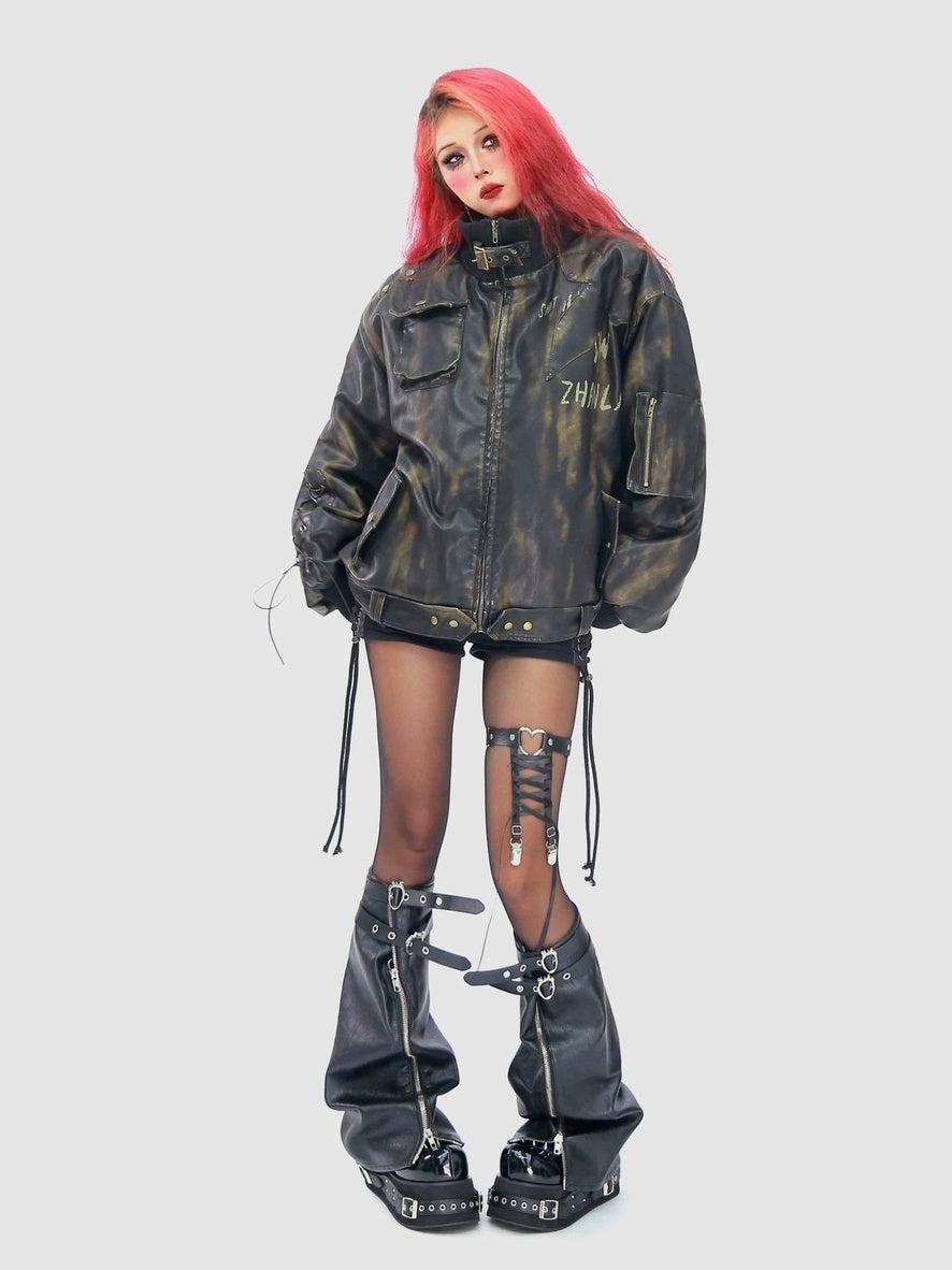 NANAICHILLI Waterwashed Pu Leather Dark Goth Oversized Stand Collar Letter Puffer Jacket