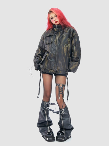 NANAICHILLI Waterwashed Pu Leather Dark Goth Oversized Stand Collar Letter Puffer Jacket