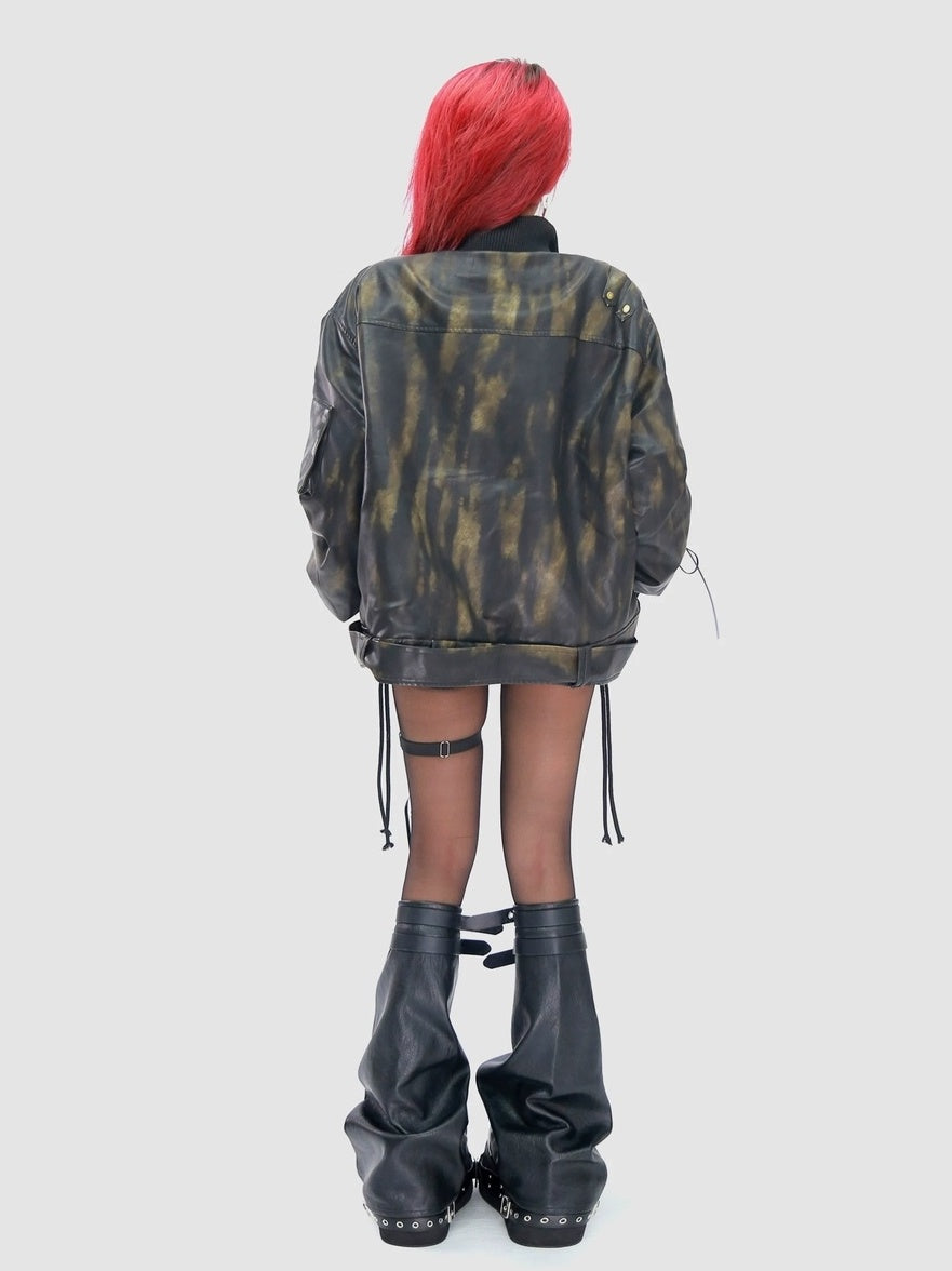 NANAICHILLI Waterwashed Pu Leather Dark Goth Oversized Stand Collar Letter Puffer Jacket