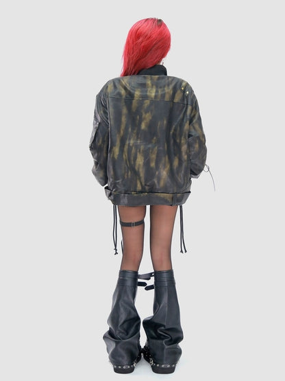 NANAICHILLI Waterwashed Pu Leather Dark Goth Oversized Stand Collar Letter Puffer Jacket