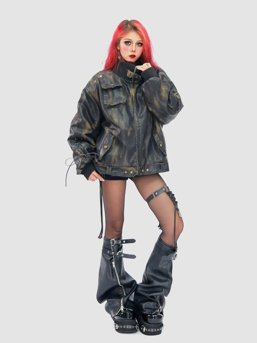 NANAICHILLI Waterwashed Pu Leather Dark Goth Oversized Stand Collar Letter Puffer Jacket