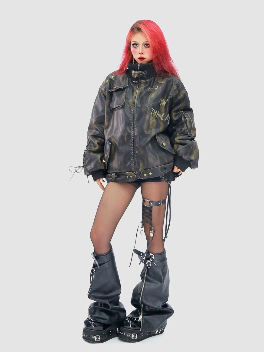 NANAICHILLI Waterwashed Pu Leather Dark Goth Oversized Stand Collar Letter Puffer Jacket