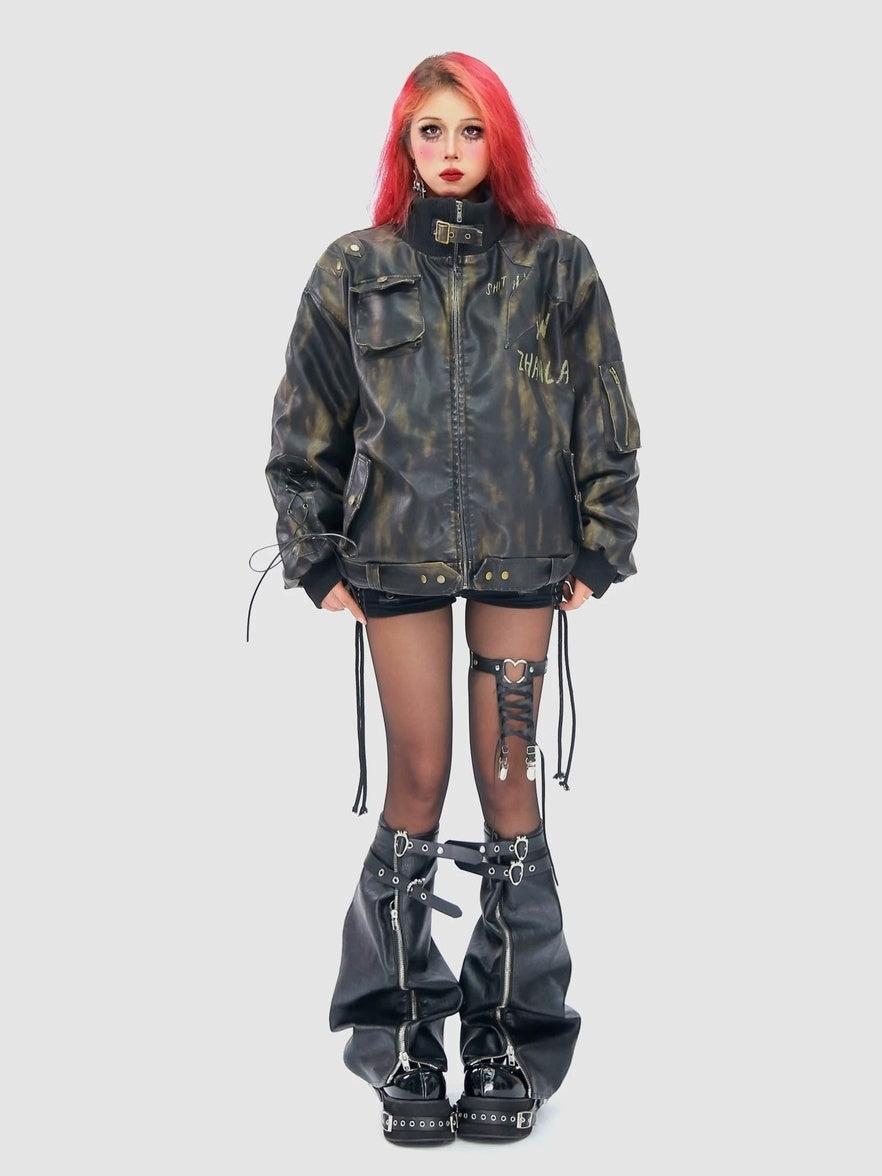 NANAICHILLI Waterwashed Pu Leather Dark Goth Oversized Stand Collar Letter Puffer Jacket