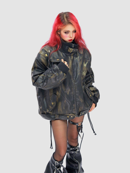 NANAICHILLI Waterwashed Pu Leather Dark Goth Oversized Stand Collar Letter Puffer Jacket