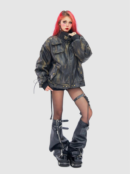 NANAICHILLI Waterwashed Pu Leather Dark Goth Oversized Stand Collar Letter Puffer Jacket