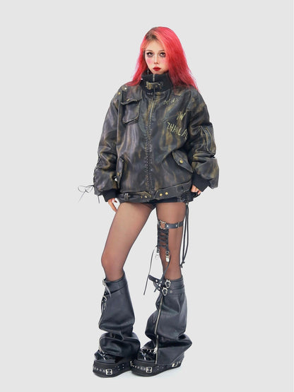 NANAICHILLI Waterwashed Pu Leather Dark Goth Oversized Stand Collar Letter Puffer Jacket