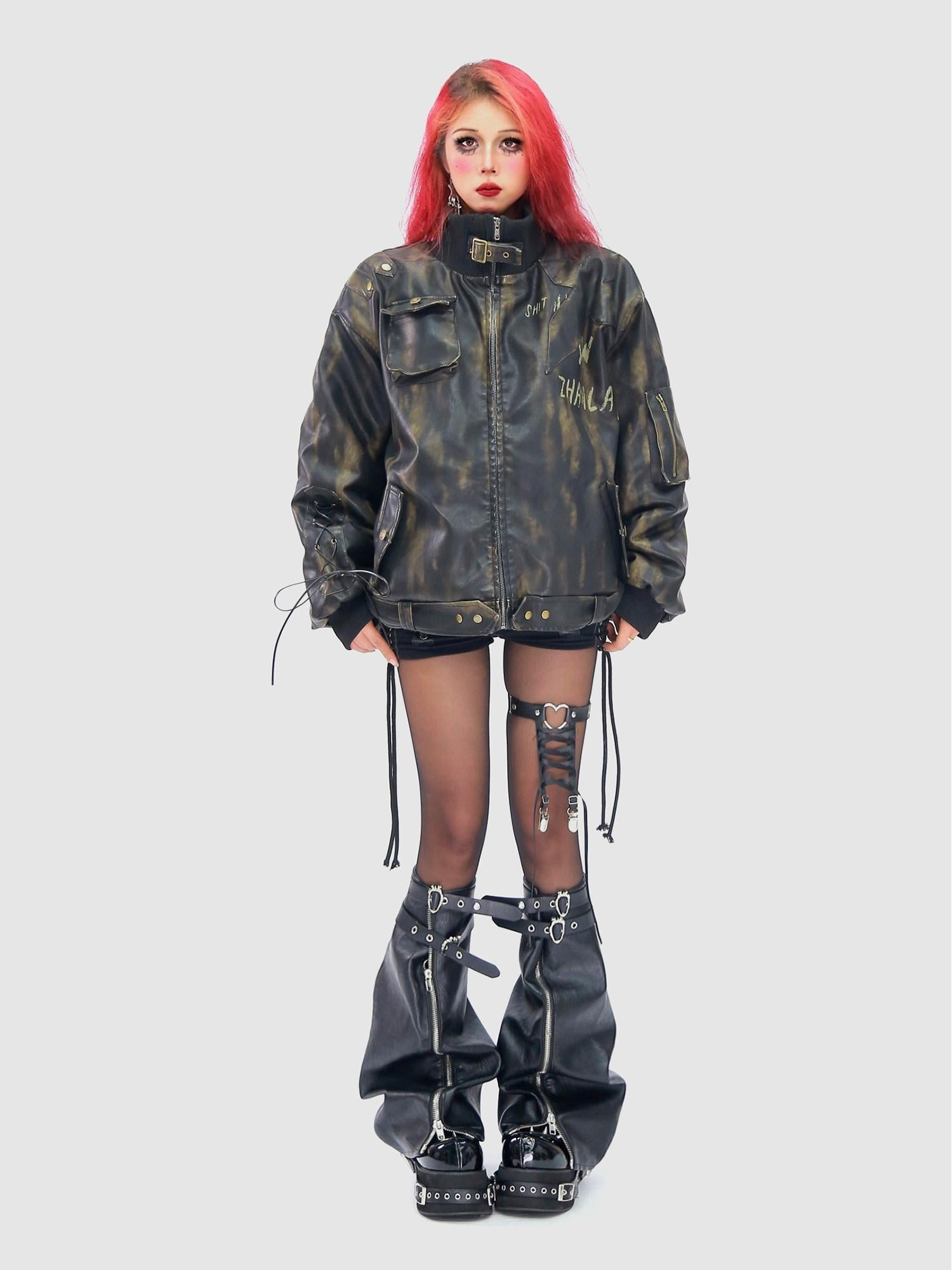 NANAICHILLI Waterwashed Pu Leather Dark Goth Oversized Stand Collar Letter Puffer Jacket