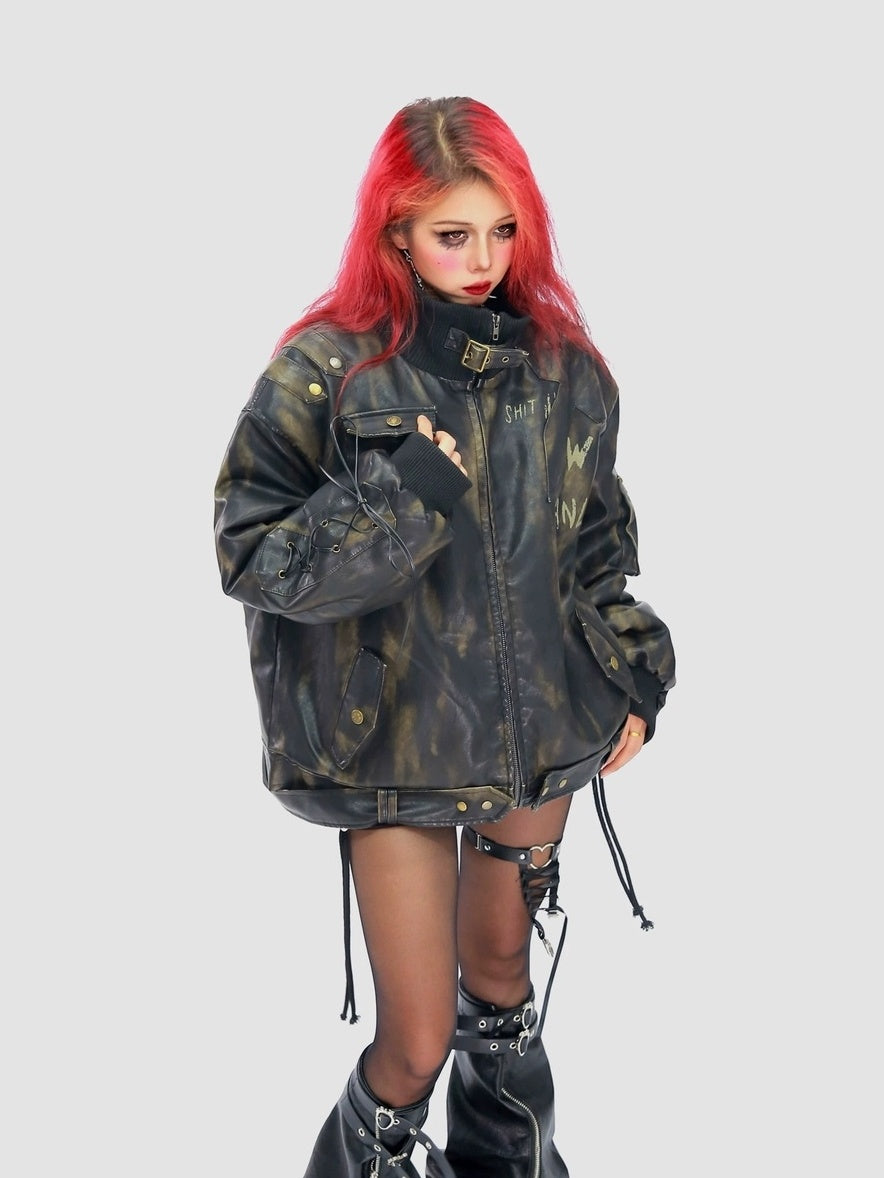 NANAICHILLI Waterwashed Pu Leather Dark Goth Oversized Stand Collar Letter Puffer Jacket