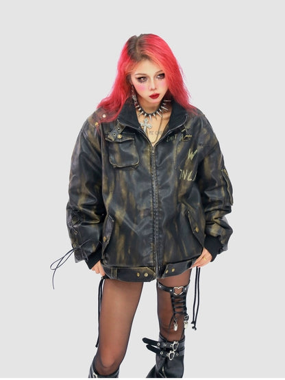 NANAICHILLI Waterwashed Pu Leather Dark Goth Oversized Stand Collar Letter Puffer Jacket