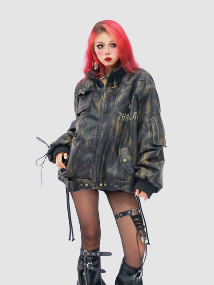 NANAICHILLI Waterwashed Pu Leather Dark Goth Oversized Stand Collar Letter Puffer Jacket