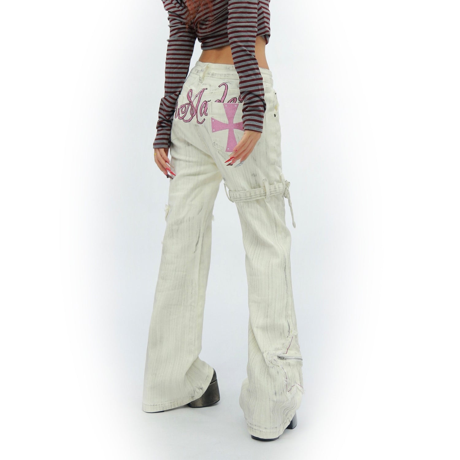 NANAICHILLI_White_Star_Print_Slim_Multi_Pocket_Cargo_Women&