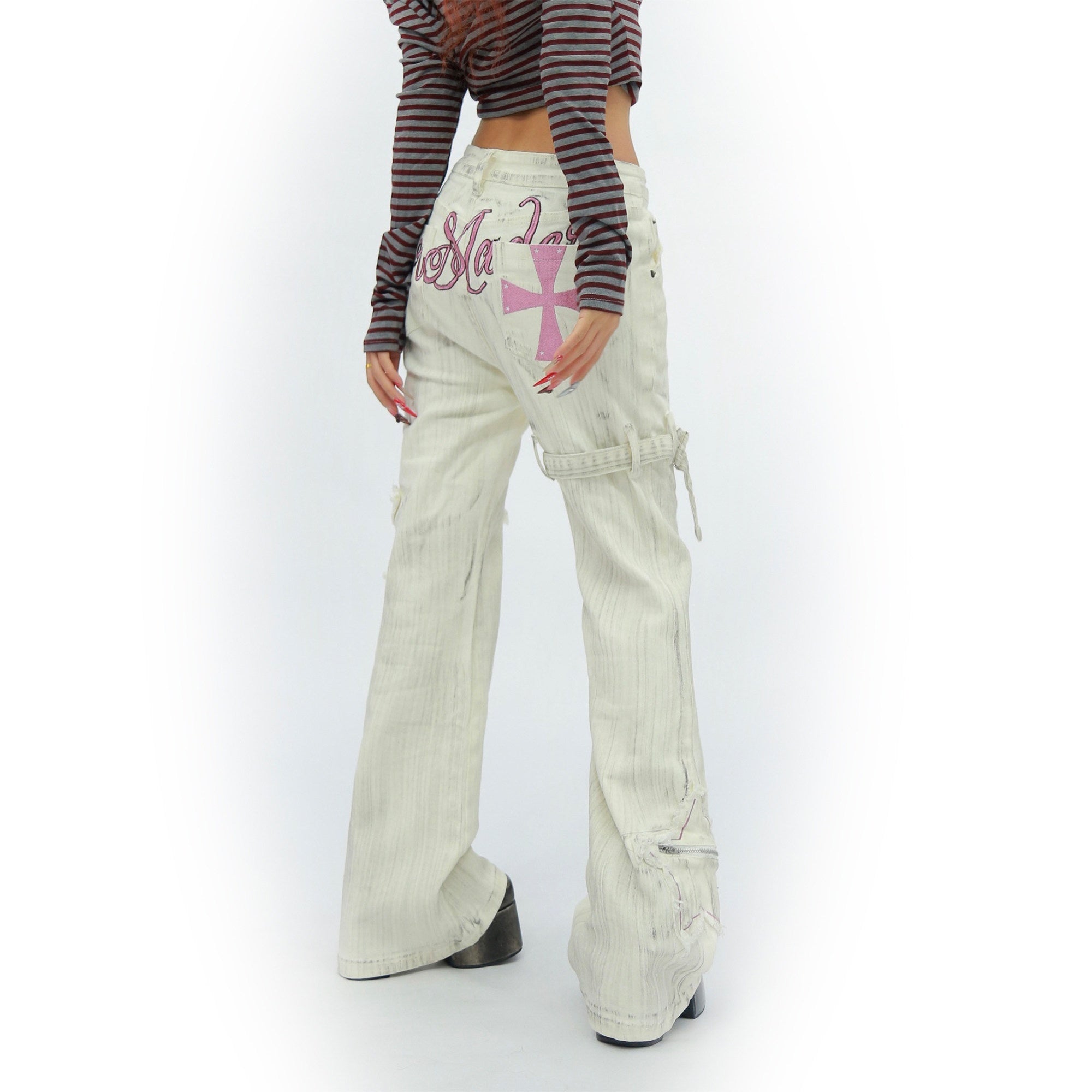 NANAICHILLI_White_Star_Print_Slim_Multi_Pocket_Cargo_Women&