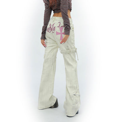 NANAICHILLI_White_Star_Print_Slim_Multi_Pocket_Cargo_Women&