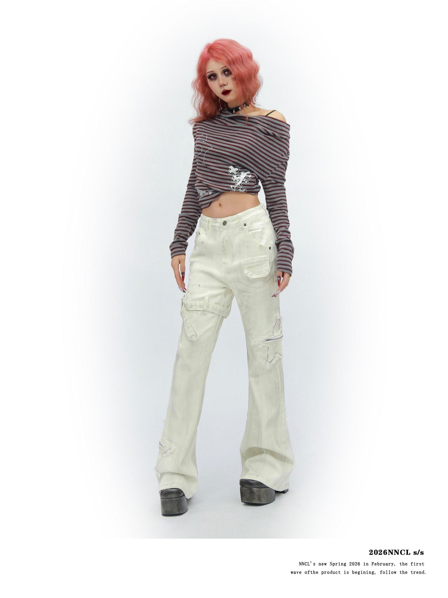 NANAICHILLI White Star Print Slim Multi Pocket Cargo Women&