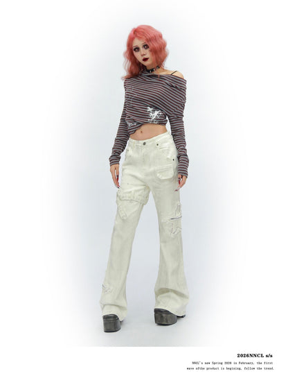NANAICHILLI White Star Print Slim Multi Pocket Cargo Women&