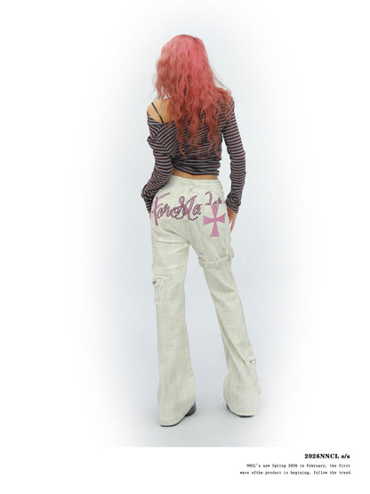 NANAICHILLI White Star Print Slim Multi Pocket Cargo Women&