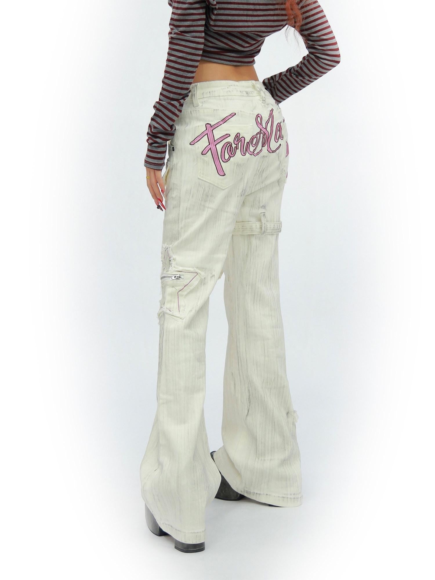 NANAICHILLI White Star Print Slim Multi Pocket Cargo Women&