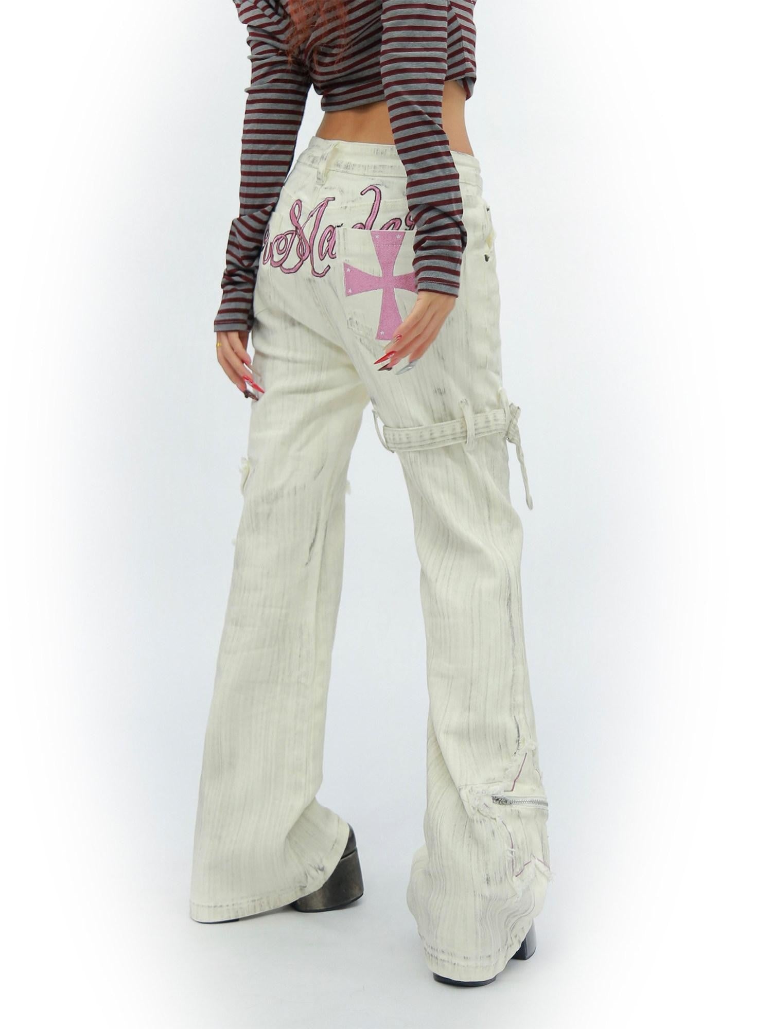 NANAICHILLI White Star Print Slim Multi Pocket Cargo Women&