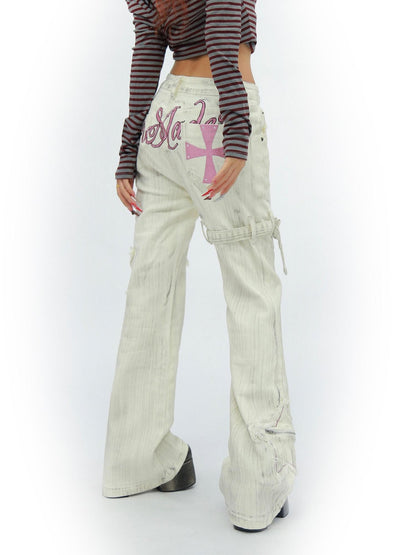 NANAICHILLI White Star Print Slim Multi Pocket Cargo Women&