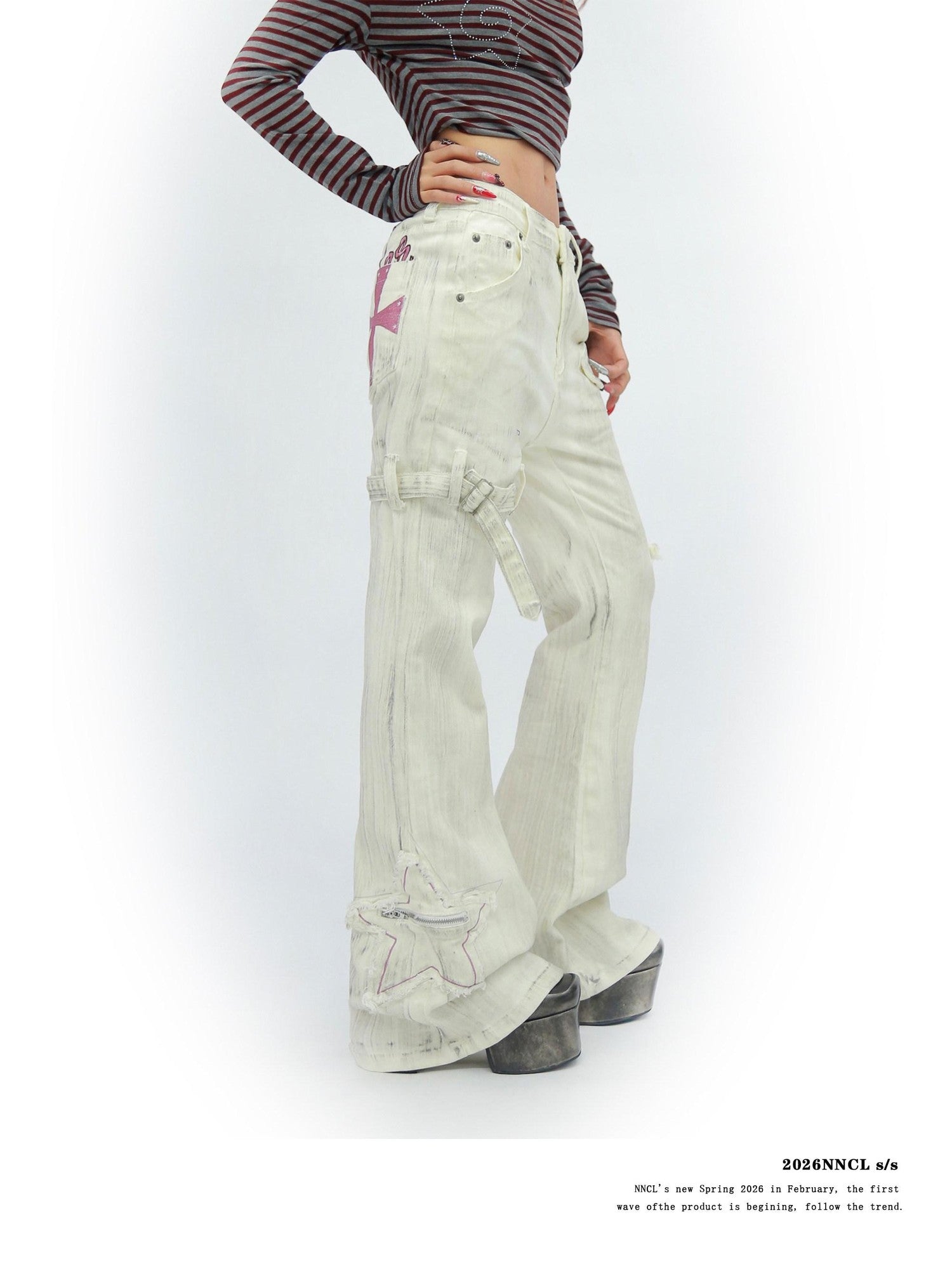 NANAICHILLI White Star Print Slim Multi Pocket Cargo Women&