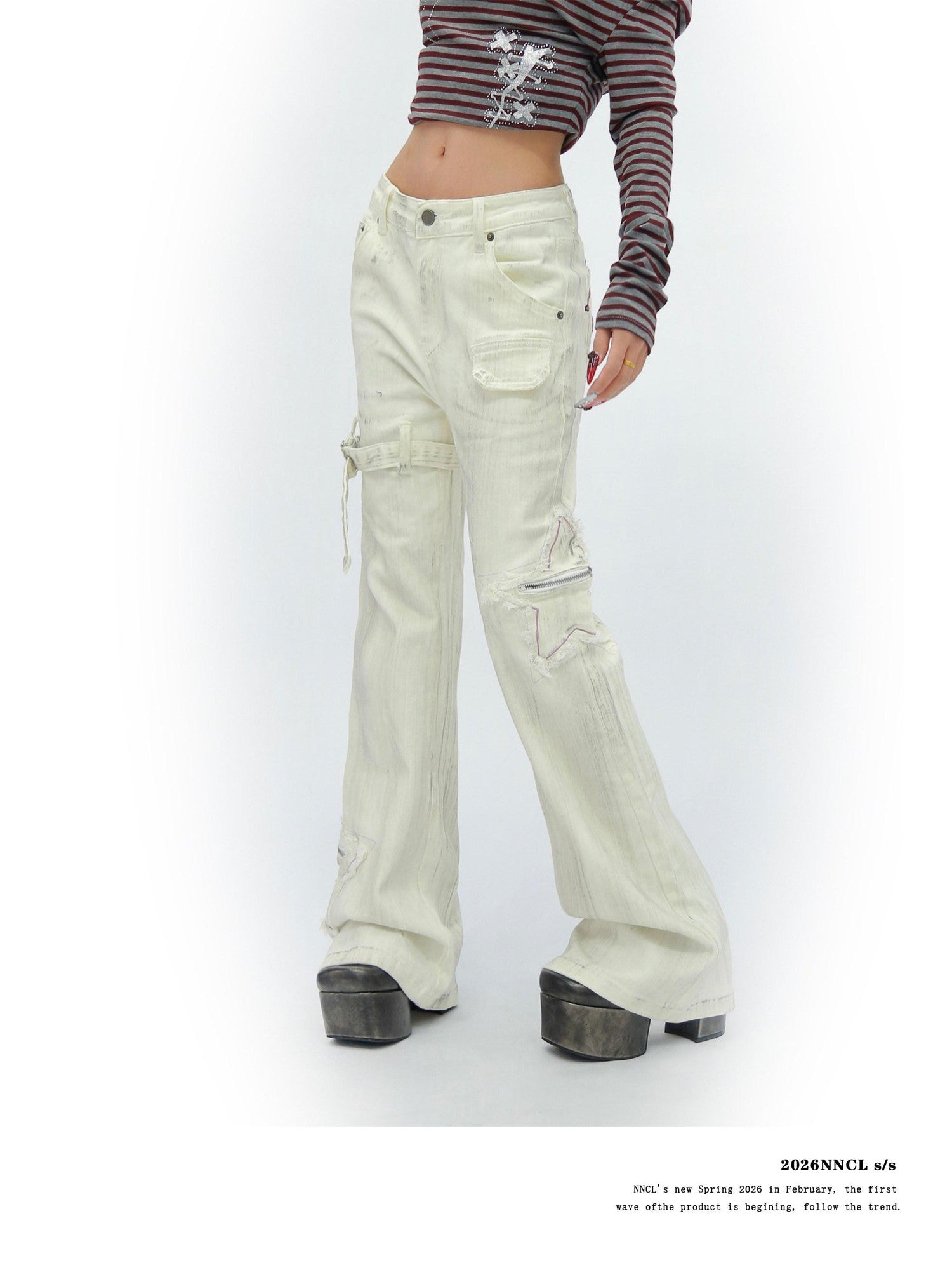 NANAICHILLI White Star Print Slim Multi Pocket Cargo Women&