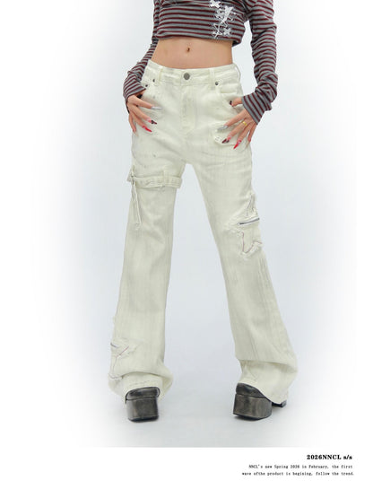 NANAICHILLI White Star Print Slim Multi Pocket Cargo Women&