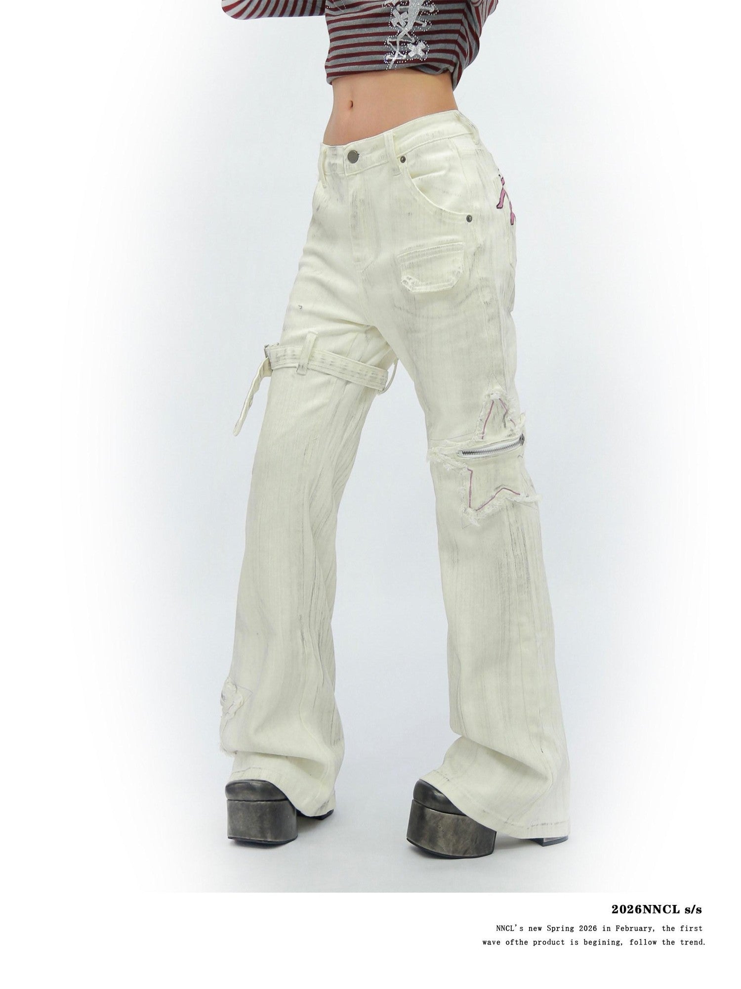 NANAICHILLI White Star Print Slim Multi Pocket Cargo Women&