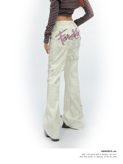 NANAICHILLI White Star Print Slim Multi Pocket Cargo Women&