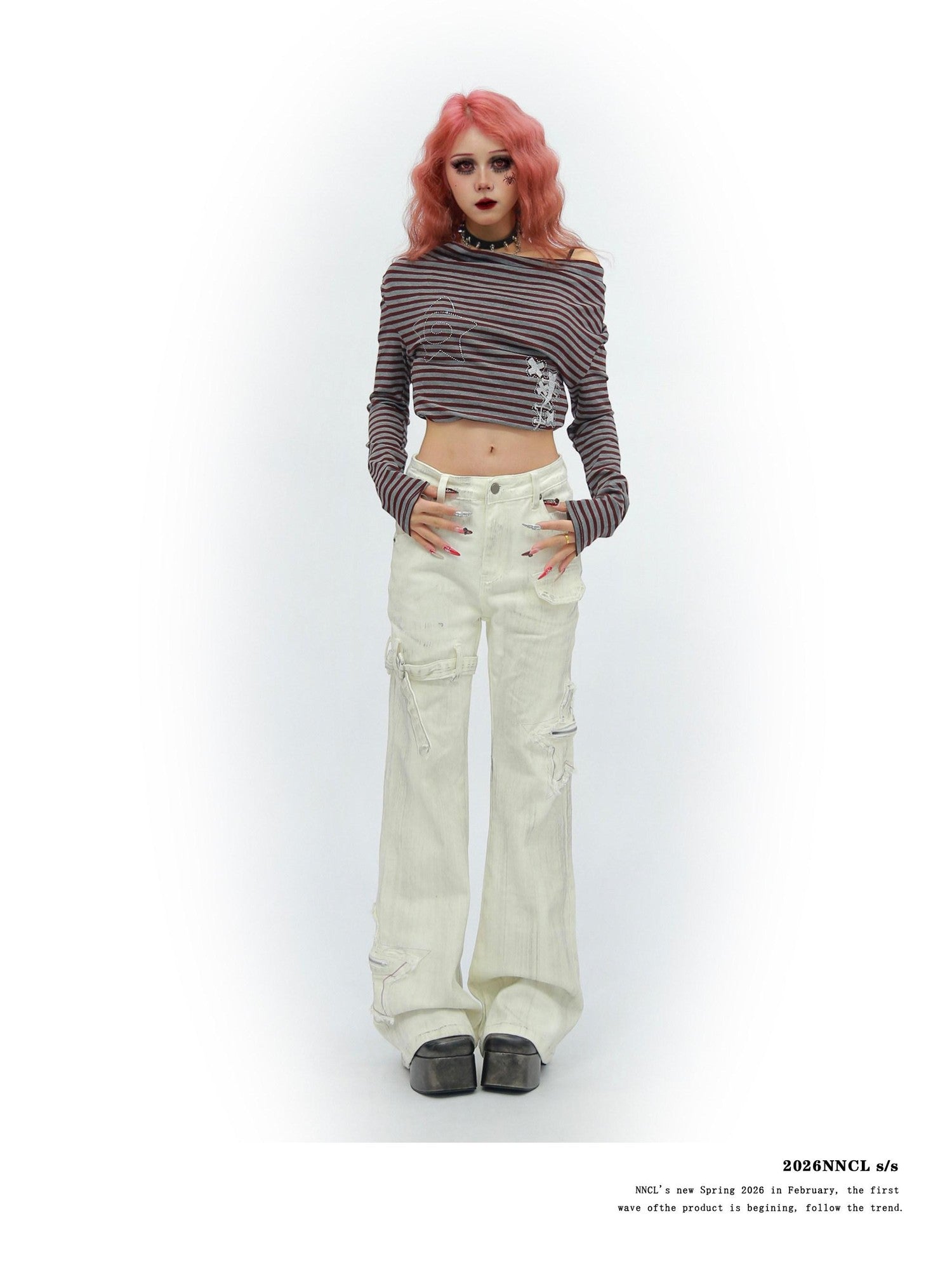 NANAICHILLI White Star Print Slim Multi Pocket Cargo Women&