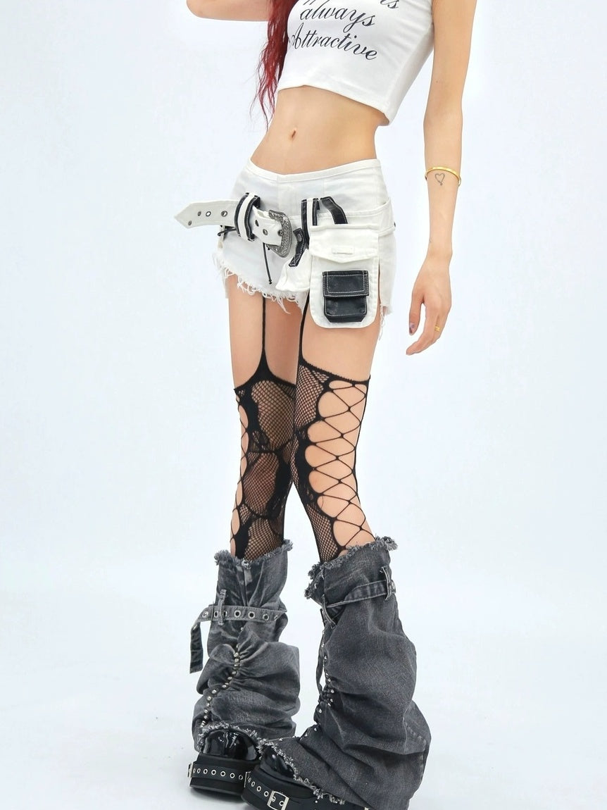 NANAICHILLI Zipper Low Waist Wide Leg Loose Fit Street Style Women Black White Green Shorts