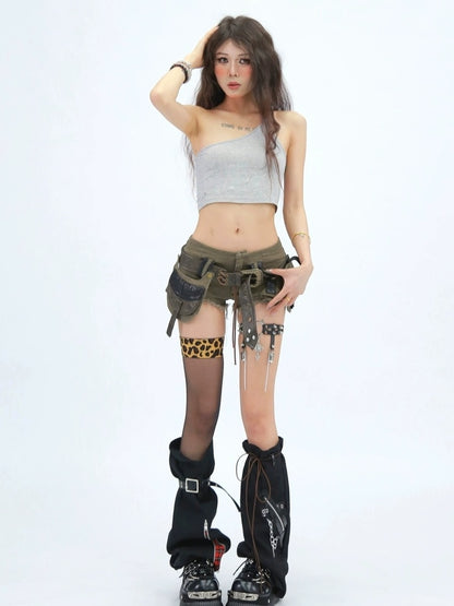 NANAICHILLI Zipper Low Waist Wide Leg Loose Fit Street Style Women Black White Green Shorts